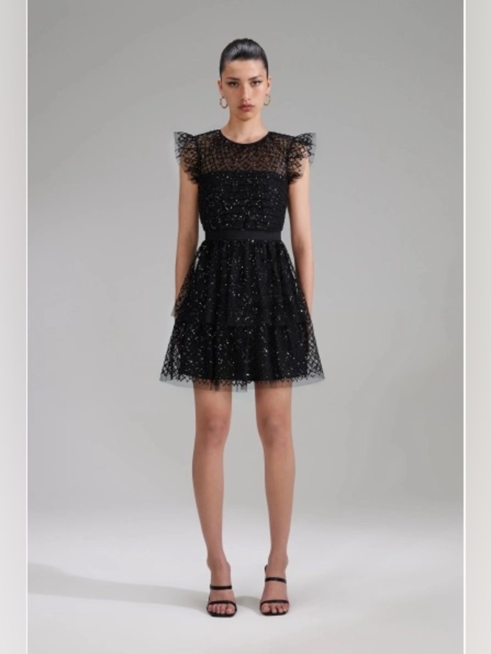 NWT Self-Portrait Black Grid Sequin Tiered Mini Dress